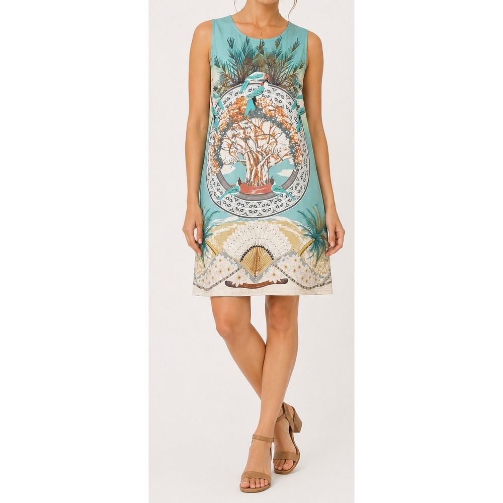 Aryeh Sleeveless Shift Dress Womens Sz‎ M Tropical Bird Print Stretch